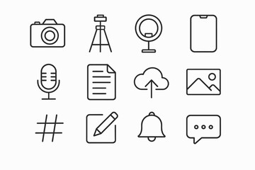 Set of common digital icons: camera, microphone, cloud, and more