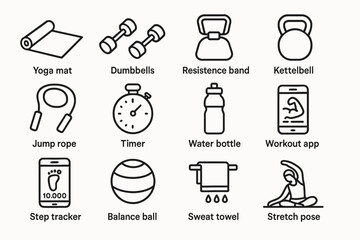 Essential fitness equipment icons: yoga mat, dumbbells, kettlebell, timer, water bottle