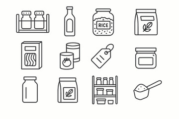 Simple icons of kitchen storage containers: jars, bottles, and cans