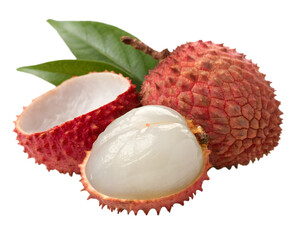 Whole and peeled lychee fruit on white