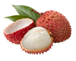 Whole and peeled lychee fruit on white