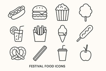 Outline icons of classic festival foods including hotdog, burger, and popcorn