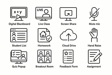 Online learning icons: digital blackboard, live class, homework, cloud drive