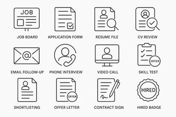 Job recruitment icons set: application, interview, resume, skills, contract, hiring