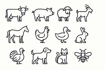 Farm animals outline icons - cow, pig, sheep, goat, horse, chicken, duck, rabbit, turkey, dog, cat, bee