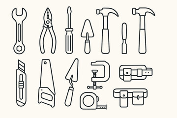 Black and white outline of common hand tools including hammer and wrench
