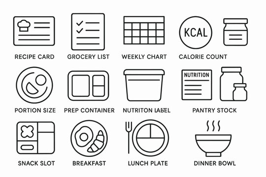 Collection of icons for meal planning and nutrition management