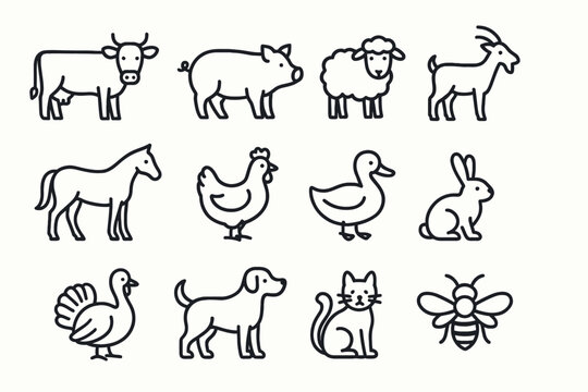 Farm animals outline icons - cow, pig, sheep, goat, horse, chicken, duck, rabbit, turkey, dog, cat, bee