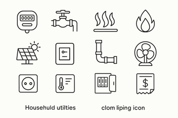 Household utilities icon set: energy meter, water valve, solar panel, thermostat, fan, pipe