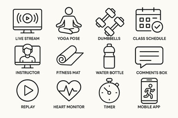 Outline icons set: live stream, yoga, dumbbells, schedule, instructor, fitness gear
