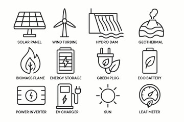 Renewable energy icons: solar, wind, hydro, geothermal, biomass, storage, green tech