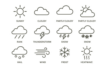 Weather icons set featuring sun, clouds, rain, thunderstorm, snow, and wind