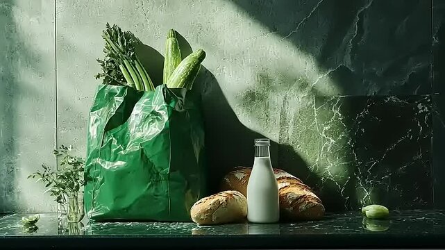 Fresh groceries in a green bag with vegetables and bread on a marble countertop