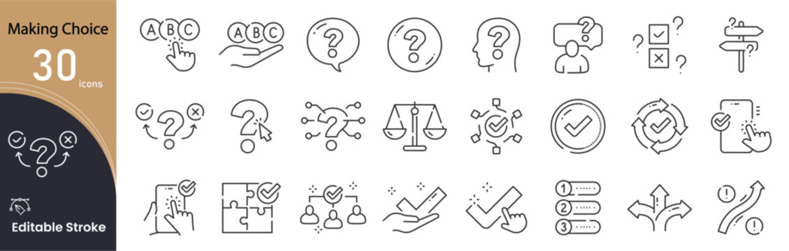 Making Choice related icon collections. Containing Choice, Decision, Option, Select, Pick, Preference, Selection, Vote, Alternative, and Decision-Making icons. Editable Stroke . Outline icons.
