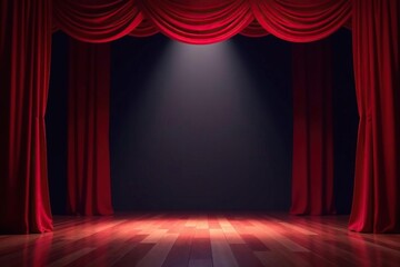 Fototapeta premium Empty theatrical stage with red curtains, spotlight , proscenium, theater