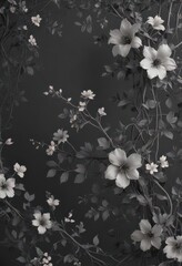 Subtle charcoal floral wallpaper; intricate vines, delicate blossoms, elegant design, luxury, vintage, nature