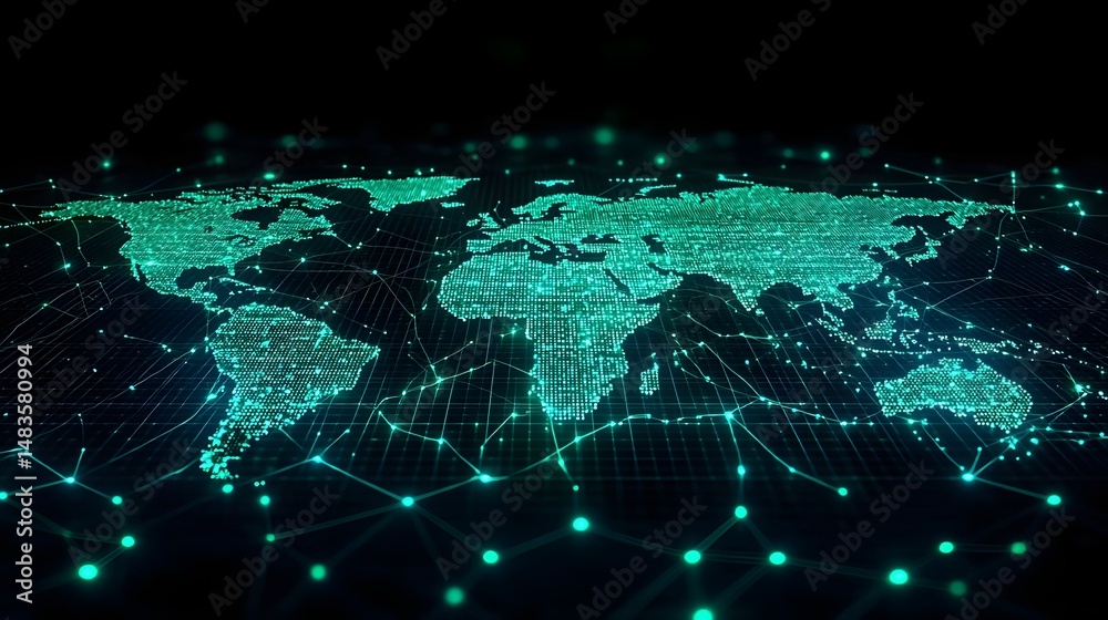 Wall mural global supply chain network visualized as a digital world map