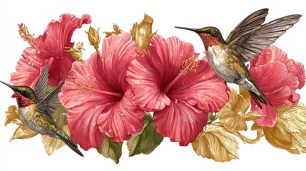 Two hummingbirds amidst vibrant pink hibiscus blossoms