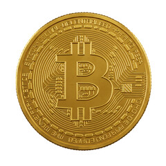 A golden bitcoin coin with circuit pattern is isolated on a transparent background
