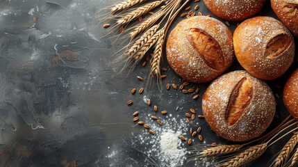 Assorted freshly baked artisan breads displayed on a dark surface with wheat ears, creating a rustic banner with space for text...