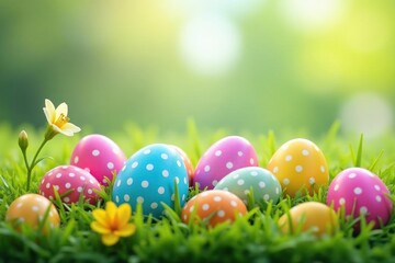 Fototapeta premium Colorful Easter eggs nestled in spring grass, vibrant pastel hues, springtime celebration , spring flowers, easter decorations, spring holiday