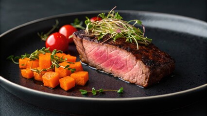 Delicious medium rare steak garnished with microgreens alongside roasted butternut squash and tomatoes