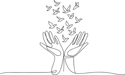 Continuous one line drawing of two human hands gently releasing birds into the sky. Minimalist black and white illustration of peace and freedom

