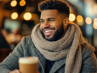 A portrait of a smiling adult with a beard wearing a gray coat and scarf enjoying a warm beverage in a cozy setting with bokeh lights