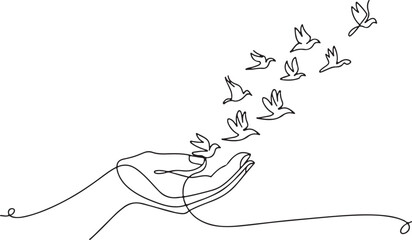 Continuous one line drawing of two human hands gently releasing birds into the sky. Minimalist black and white illustration of peace and freedom

