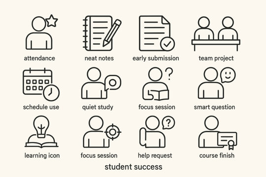 Icons representing student success factors: study skills and academic achievement
