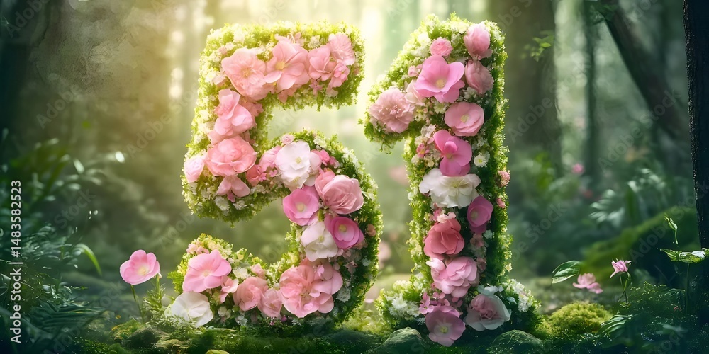 Poster 森林背景のピンクと白の花で飾られた数字51の明るい画像 暗い緑の苔と葉のある地面と魔法のような光に照らされた緑豊かな木