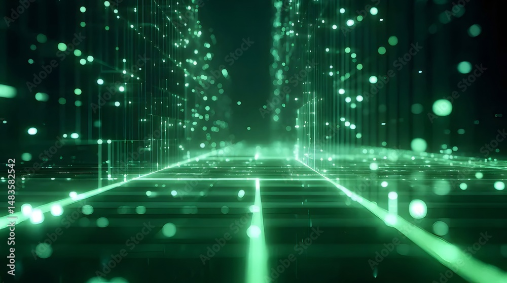 Poster 緑色のデジタルネットワークデータトンネルと抽象的な未来的な背景テクノロジーデザイン
