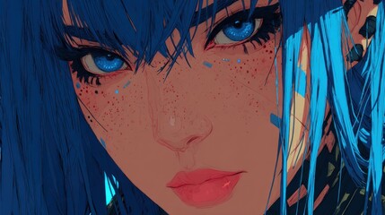 Naklejka premium Cyberpunk Anime Girl Close-up: Intense Gaze, Vibrant Blue Hair