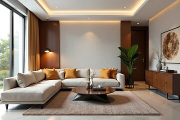 Stylish living room interior design with modern furniture and decor , rug, home decor, wood