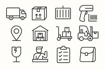 Warehouse and logistics icons featuring trucks, barcodes, and forklifts