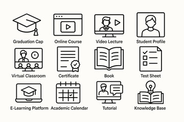 E-learning icons: graduation cap, online course, video lecture, student profile, virtual classroom