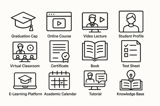 E-learning icons: graduation cap, online course, video lecture, student profile, virtual classroom