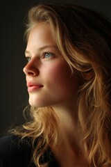 Fototapeta premium A stunning portrait of a young blonde woman with striking blue eyes, looking to the side in thought.