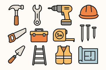 Colorful construction tools icons with blueprints and safety equipment