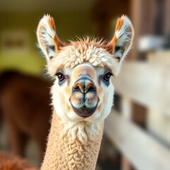 Obraz premium Charming Alpaca Portrait with Soft Wool and Bright Eyes against Blurry Background