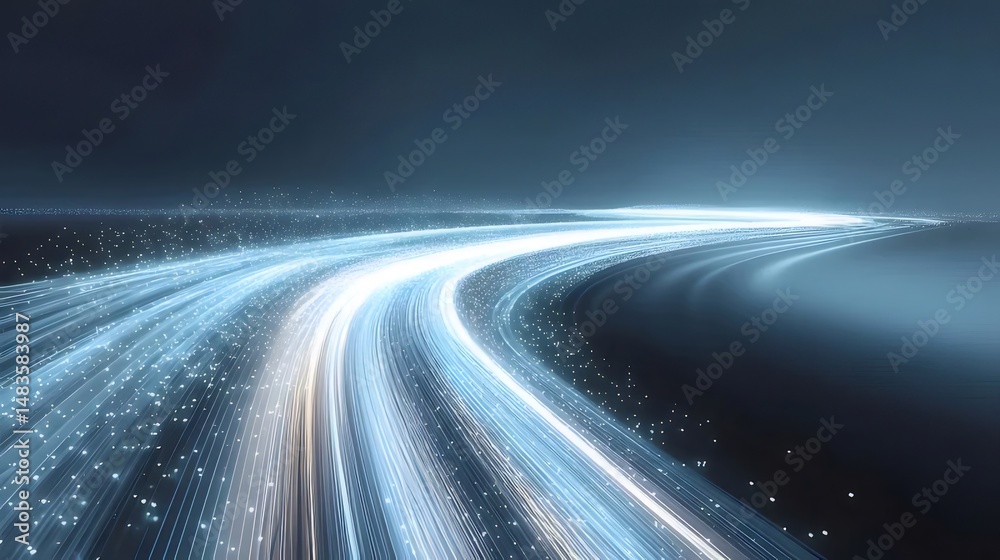 Aufkleber 青と白の光のトレイルが夜空に広がる抽象的な風景 未来的な技術とエネルギーの流れを表現