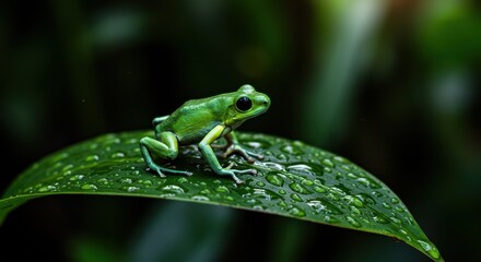 Green Frog on Dew-Covered Leaf
