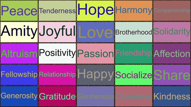 very positive and hopeful words such as peace and friendship in a very colorful 5x5 matrix grid