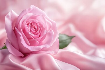 Fototapeta premium Elegant pink rose on silky fabric background.