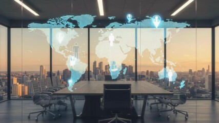 Modern conference room with city skyline view, digital world map overlay, and sunset ambiance - Powered by Adobe