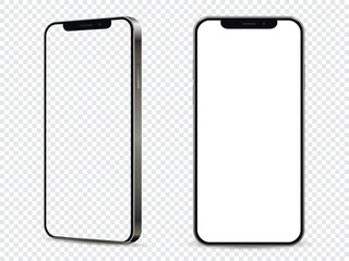 Realistic smartphone mockup. Front and side view with white and empty screen on transparent background.