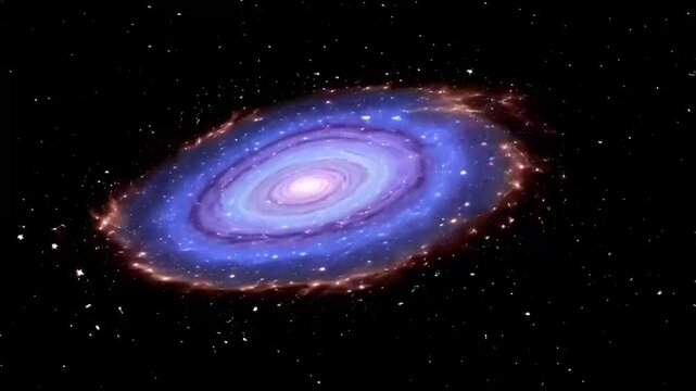 Seamless looping 4K animation of a rotating spiral galaxy in deep space against a black background. Fly-through star fields and colorful nebulas reveal the galaxy&rsquo;s dynamic spiral arms in smooth motio