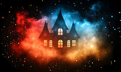 Fototapeta premium Silhouetted castle with lit windows in a galaxy, amid the colorful cosmic nebula, with the background of twinkling stars