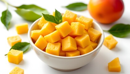 a high resolution, photorealistic bowl of mango cubes isolated on a clean white background