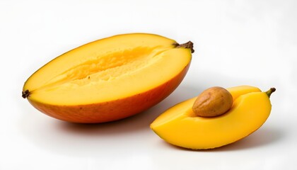 a high resolution, photorealistic mango half with visible seed isolated on a clean white background